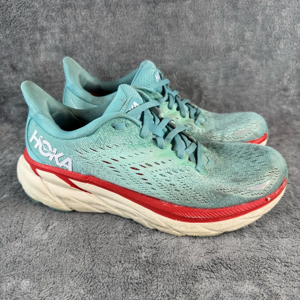 Women’s 7.5 HOKA ONE ONE Clifton 8 Running Shoe AQUARELLE EGGSHELL BLUE Teal Red